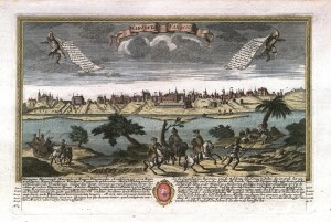 WARSZAWA. Panorama miasta od str. Wisły ze sztafażem na praskim brzegu; wyd. Joseph Friedrich Leopold (1668-1727), Augsburg, ok. 1720