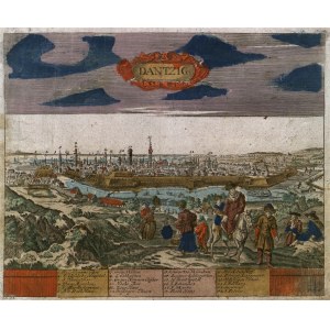 GDAŃSK. Panorama miasta z Biskupiej Górki (od południowego zachodu); na pierwszym planie sztafaż figuralny; ryt. P.H. Schut, wyd. N. Visscher, Amsterdam, ok. 1650
