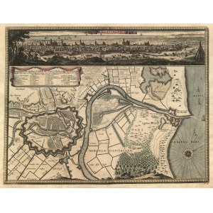 GDAŃSK. Plan miasta z mapą najbliższej okolicy, ujściem Wisły i Twierdzą Wisłoujście; w górnej części panorama Gdańska - DANTISCVM.; ryt. François de Lapointe