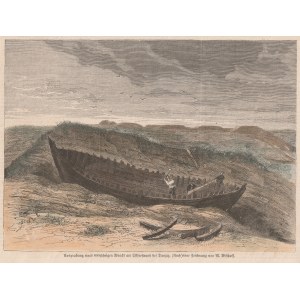 GDAŃSK. Wydobycie 600-letniego wraku łodzi na gdańskiej plaży; rys. M. Bischoff, 1873