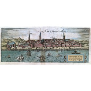 RYGA (Riga). Panorama miasta od str. Dźwiny, pierwotnie na jednym arkuszu z widokiem Królewca; pochodzi z: Civitates Orbis Terrarum..., tom 3, wyd. Georg Braun i Frans Hogenberg, Kolonia 1581