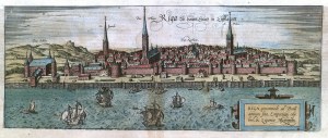 RYGA (Riga). Panorama miasta od str. Dźwiny, pierwotnie na jednym arkuszu z widokiem Królewca; pochodzi z: Civitates Orbis Terrarum..., tom 3, wyd. Georg Braun i Frans Hogenberg, Kolonia 1581