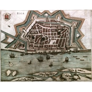 RYGA (Riga). Widok miasta z lotu ptaka; pochodzi z: Theatrum Praecipuarum Urbium, Postarum Ad Septentrionalem Europae Plagam… Joannesa Janssoniusa, Amsterdam, ok. 1650