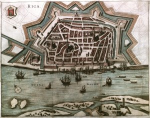RYGA (Riga). Widok miasta z lotu ptaka; pochodzi z: Theatrum Praecipuarum Urbium, Postarum Ad Septentrionalem Europae Plagam… Joannesa Janssoniusa, Amsterdam, ok. 1650