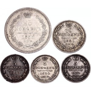 Russia Lot of 5 Silver Coins of Nicholas I 1849 -1853