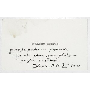 Bilet wizytowy Walerego Goetla z odręczną korespondencją do L. Winnickiego