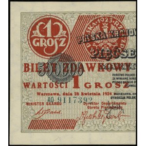 Bilet zdawkowy - 1 grosz, 28.04.1924; nadruk na lewej c...