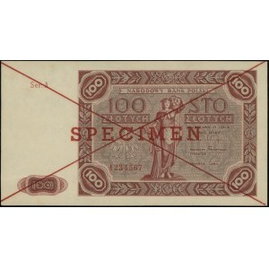100 złotych, 15.07.1947; czerwone przekreślenie i pozio...
