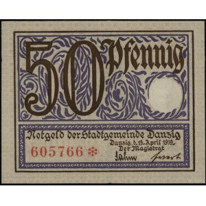 50 fenigów, 15.04.1919; druk fioletowo-brązowy, znak wo...