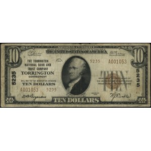 10 dolarów, 1929; seria A001053 (5235), brązowa pieczęć...