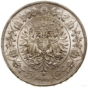 5 koron, 1909, Wiedeń; awers autorstwa St. Schwartza; H...