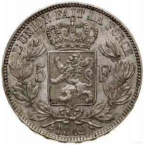 5 franków, 1849, Bruksela; De Mey 68, KM 17; bardzo ład...