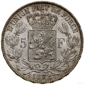 5 franków, 1872, Bruksela; De Mey 93, KM 24; piękne.