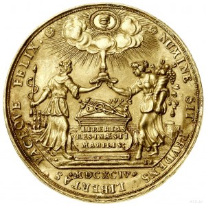 10 dukatów (portugał), 1694; Aw: Cztery kolumny z inicj...
