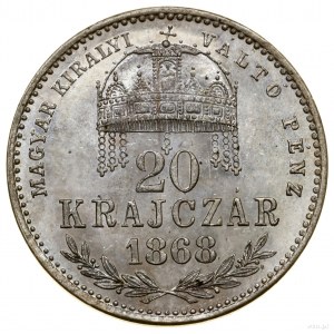 20 krajcarów, 1868 KB, Kremnica; w legendzie rewersu MA...