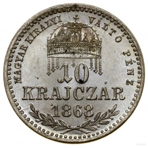 10 krajcarów, 1868 KB, Kremnica; w legendzie rewersu MA...