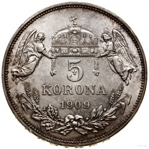 5 koron, 1909 KB, Kremnica; Herinek 778, Huszár 2201; b...