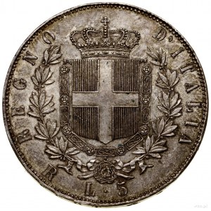 5 lirów, 1876 R, Rzym; KM 8, Pagani 501; piękne.