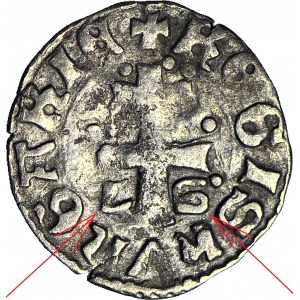 R-, Ludwik Węgierski 1370-1382, Denar Saracen, litery L-S, rzadki