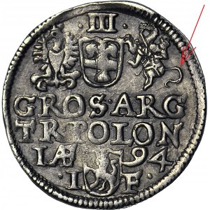 Zygmunt III Waza, Trojak 1594 MDL, Olkusz, DŁUGI OGON POGONI