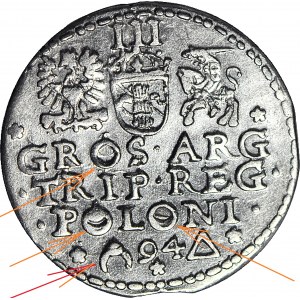 RRR-, Sigismund III Vasa, Trojak 1594 Malbork, offener Ring + Ringe in Inschrift