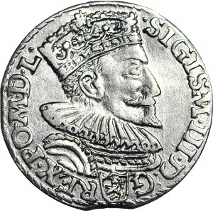 RRR-, Sigismund III Vasa, Trojak 1594 Malbork, offener Ring + Ringe in Inschrift