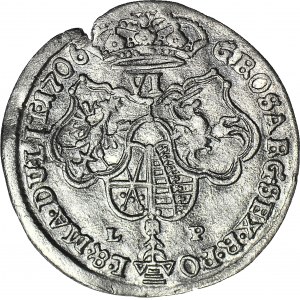 RR-, August II Mocny, Szóstak koronny 1706, Moskwa, tarcze herbowe w podwójnej obwódce