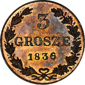 RR-, Królestwo Polskie, 3 grosze 1836, NOWE BICIE, wyśmienity stan zachowania