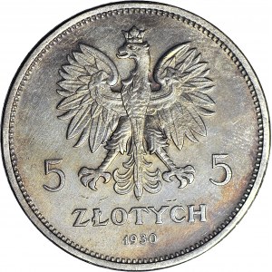 RRR- 5 złotych 1930, HYBRYDA, awers GŁĘBOKI SZTANDAR, nie katalogowana