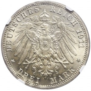 Niemcy, Wirtembergia, 3 marki 1911 F, 25 rocznica ślubu, piękne