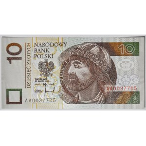 10 złotych 1994, druk TDLR Londyn, AA 0037705, dwa zera na początku