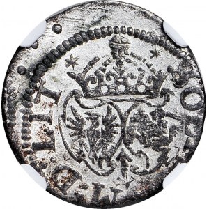 RRR-, Zygmunt III Waza, Szeląg 1617, Wilno, pełna data, LIT, TARCZE WYGIĘTE, R7
