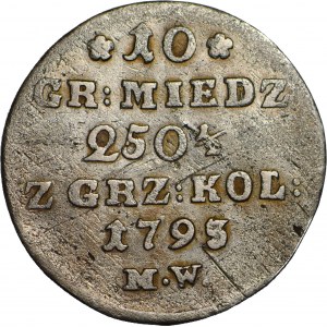 Stanisław A. Poniatowski, 10 groszy miedziane 1793 przebite z 1792