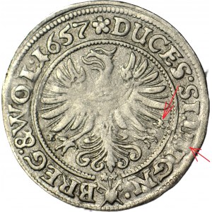 RRR-, Schlesien, Drei Brüder, 3 krajcars 1657, Brzeg, Münzfehler!