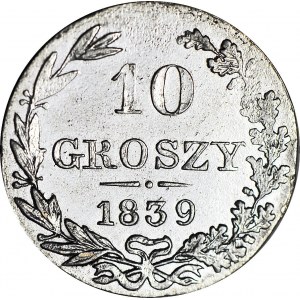 RR-, Königreich Polen, 10 Groszy 1839, seltener Jahrgang, Prägung 59 Tausend Stück, MENNICA