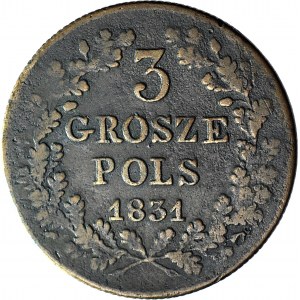 RRR-, Powstanie Listopadowe, 3 grosze 1831 bez kropki po POLS, b. rzadkie