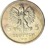 RRR- 5 złotych 1930, HYBRYDA, awers GŁĘBOKI SZTANDAR, nie katalogowana