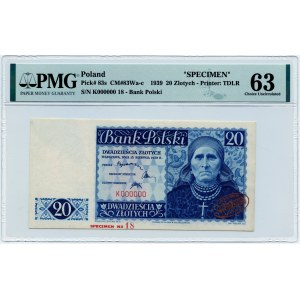 RR-, 20 złotych 1939 WZÓR De La Rue & Co Ltd - K 000000 - Specimen No 18 - PMG 63 - UNIKAT