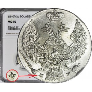 RRR-, Królestwo Polskie, 10 groszy 1840, W/M W, litera M wybita na stemplu puncą W, następnie przebita na M