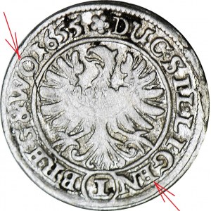 RRR-, Schlesien, Drei Brüder, 1 krajcar 1655, Brzeg, Fehler in der Rückseitenlegende!