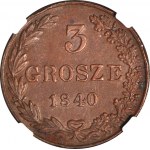 Königreich Polen, 3 grosze 1840 MW, fast MENTIONARY