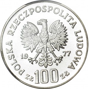 100 Gold 1977, Henryk Sienkiewicz, Schrägstrich, PRÓBA, Silber