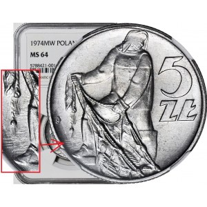 RRR-, 5 złotych 1974, Rybak na TRAWCE TYP 6, trawka poprzeczna, b rzadki