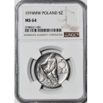 RRR-, 5 złotych 1974, Rybak na TRAWCE TYP 6, trawka poprzeczna, b rzadki