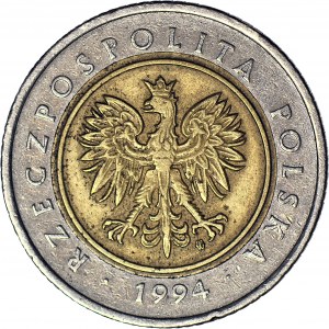 RR-, 5 złotych 1994, DESTRUKT, ODWROTKA 160 stopni