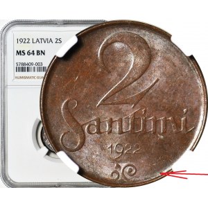 Latvia, 2 santims 1922, without R. ZARRINS on the reverse and without HUGUENIN on the obverse