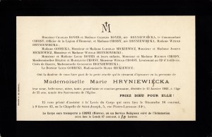HRYNIEWIECKA Maria (1865-1921), zmarła 13 stycznia 1921 r., wnuczka Adama Mickiewicza...