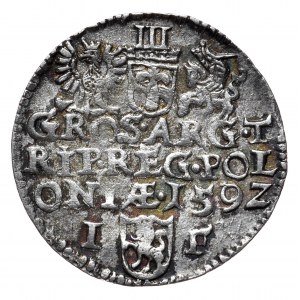 Zygmunt III Waza, Trojak Olkusz 1592, duża głowa i pełna data