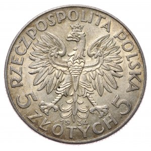 5 złotych, 1934, Warszawa; Głowa kobiety w czepcu