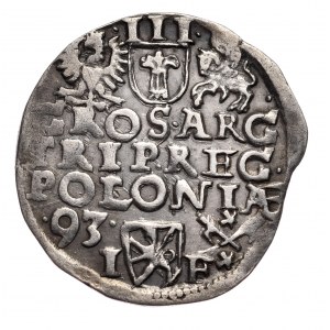 Zygmunt III Waza, trojak 1593, Poznań, szeroka twarz króla, data z lewej, korona bez centralnego elementu.